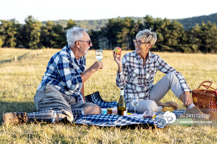 Senior couple make picnic on nature with blanket full of food, he drink vine while she holding red apple and talk to each other