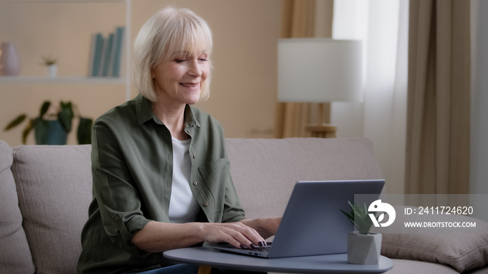 Old female sit on couch at home office engaged at freelance work with laptop elderly senior lady typing email write text in computer web application. Mature woman pc chat online payment shopping app