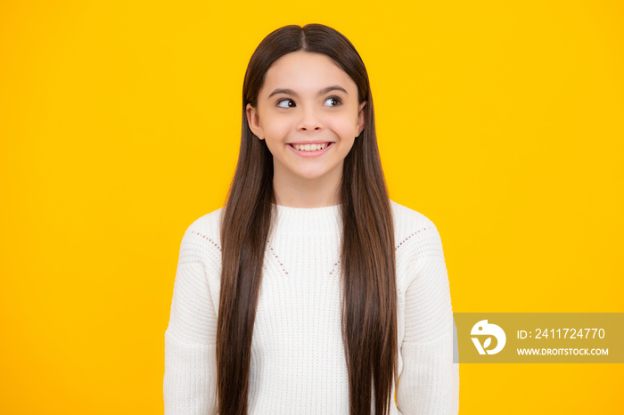 Little kid girl 12,13, 14 years old on isolated background. Children studio portrait. Emotional kids face.