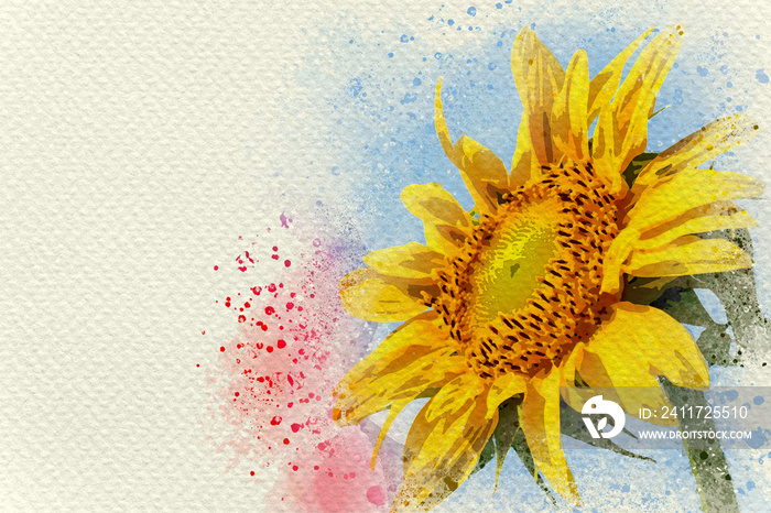 Sunflower in blue sky background. Digital watercolor painting effect. Copy space for text.