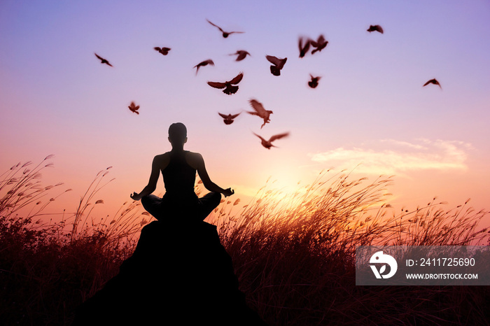 Woman meditation and yoga with birds, silhouette on nature sunset