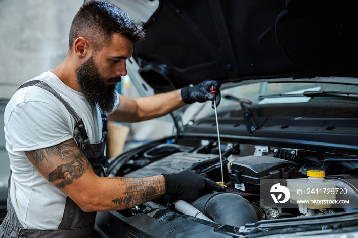 An auto-mechanic worker is measuring oil in the engine.