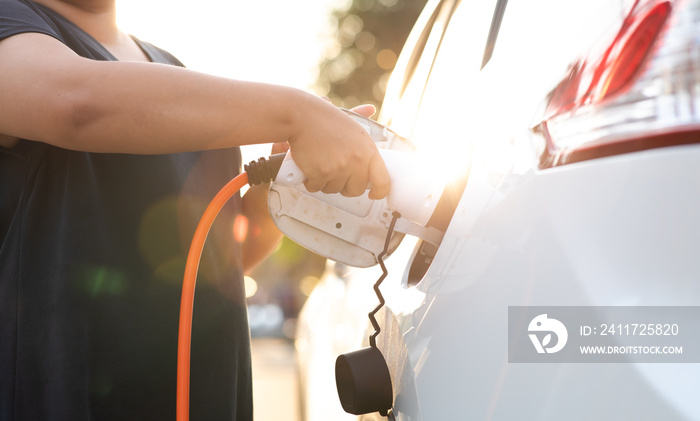 World Environment Day. save world save life concept. Close up woman hand holding electric car plug for recharge plug in hybrid car at home or charging station.