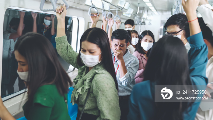 Sick man on train cough and make other people feel worry about virus spreading . Coronavirus COVID 19 pandemic and public transportation trouble concept .