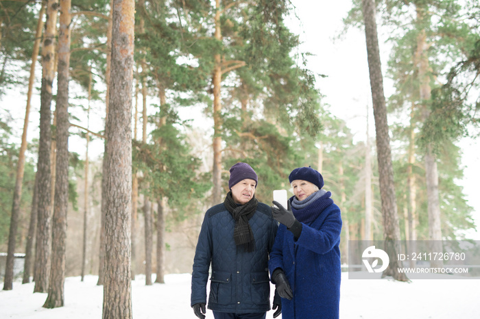 Waist up portrait of modern senior couple using smartphone while enjoying walk in winter forest, copy space