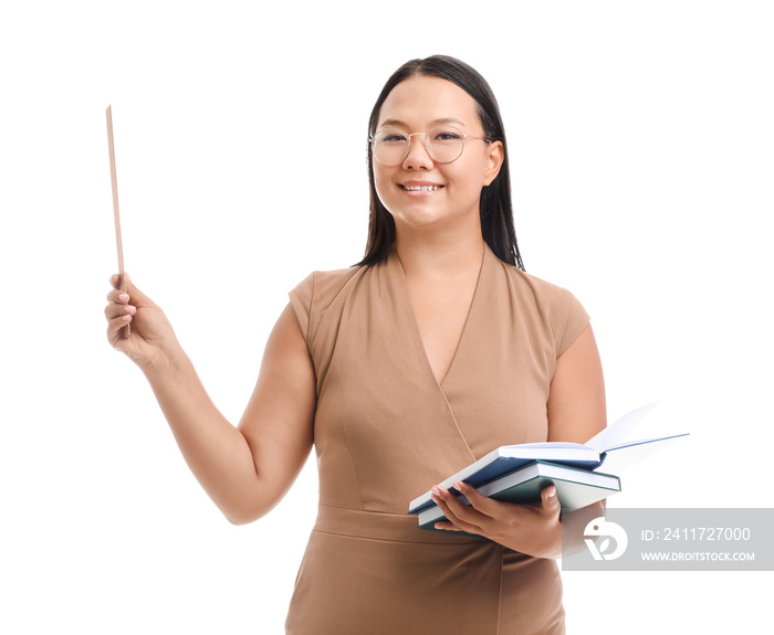 Asian female teacher on white background