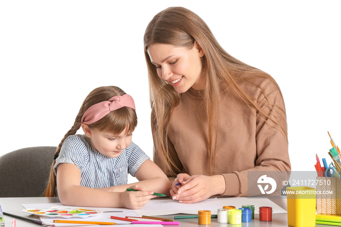 Drawing teacher giving private art lessons to little girl on white background