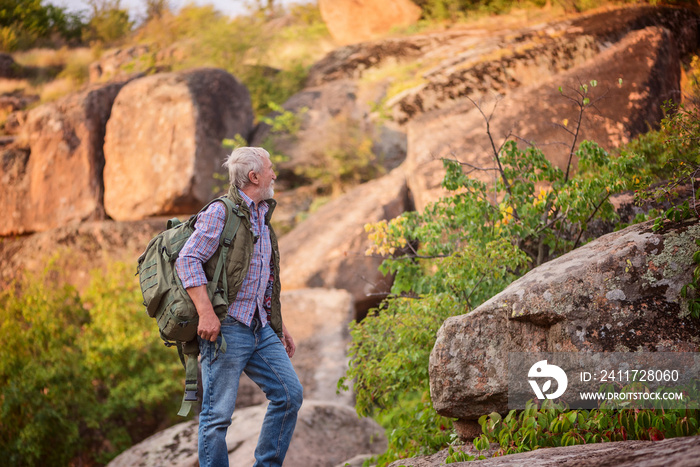 Elder man with a gray beard with a backpack on his shoulders on the background of the gorge, rocks and stones