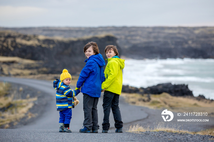 Children, walking on a curved road near ocean in beautiful nature in Snaefellsjokull National Park in Iceland, autumntime