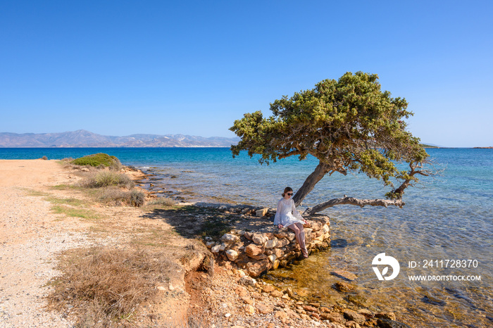 Young woman sitting in the shade of a tree on the seafront of Paros Island. Cyclades, Greece