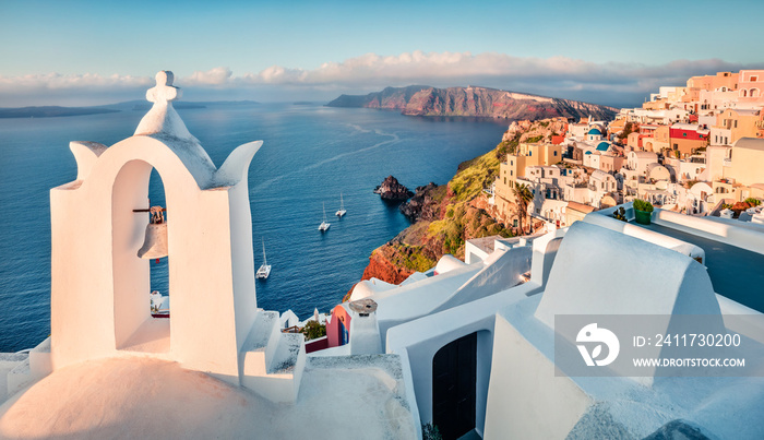 Exciting morning scene of Santorini island. Picturesque spring cityscape of famous Greek resort Fira, Greece, Europe. Traveling concept background. Orton Effect.