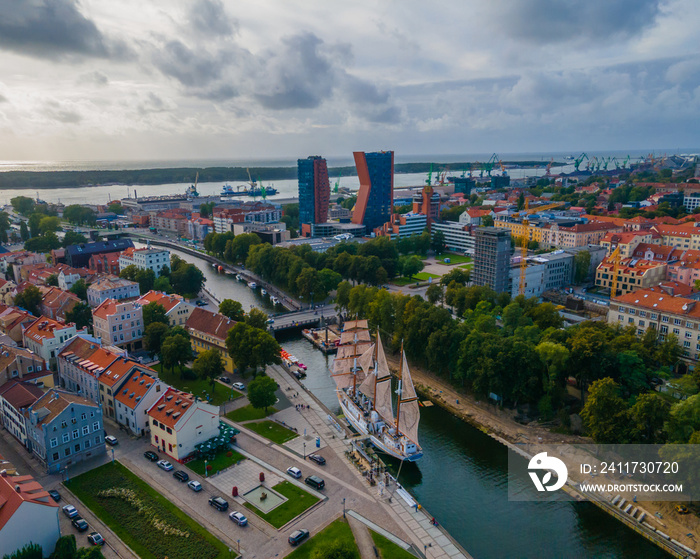 Aerial view of Klaipeda city center and port in horizon