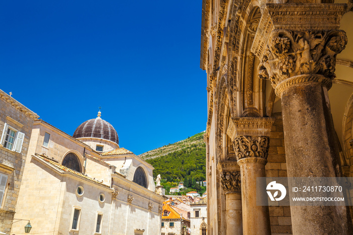 View of The Church of St. Blaise from Rector’s Palace in the historic city center of Dubrovnik in Croatia, Europe.