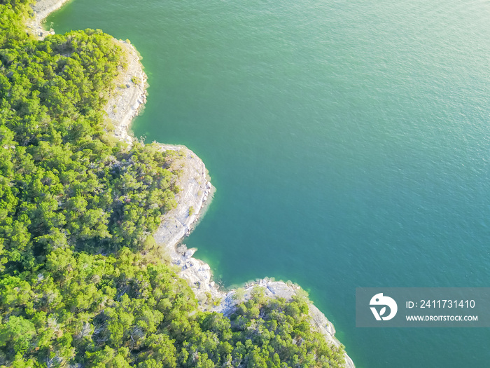 Aerial view bluffs at Lake Travis, Austin, Texas, USA. Trees and cliff rock wall coming out of water from above. Vast blue ocean crystal background, moderate waves looking straight down, green forest