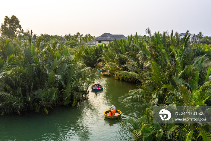 Aerial view, tourists from China, Korea, America and Russia are relax and experiencing a basket boat tour at the coconut water ( mangrove palm ) forest in Cam Thanh village, Hoi An, Quang Nam, Vietnam