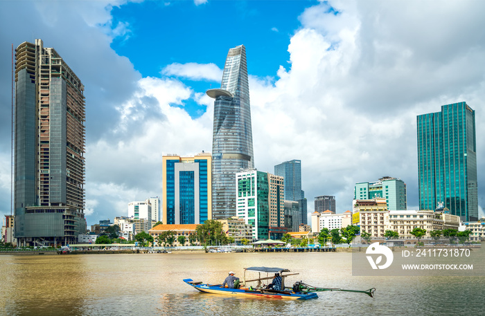 Skyscrapers along river with architecture office towers, hotels, center cultural and commercial development country most in Ho Chi Minh city, Vietnam