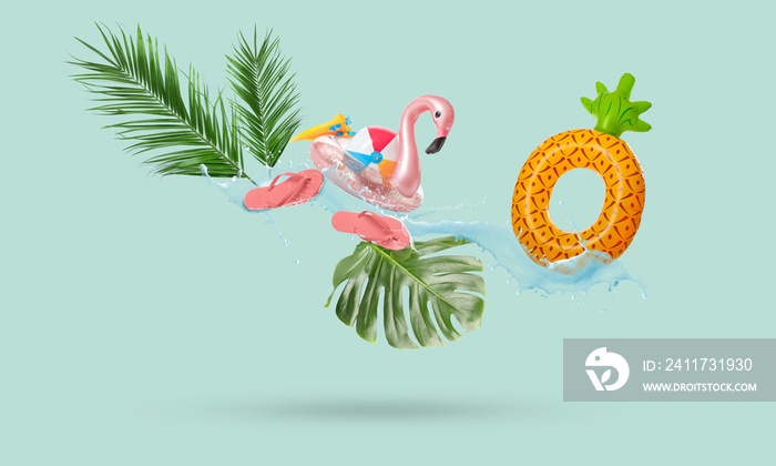 Collage with beach accessories, tropical leaves and water splash on color background