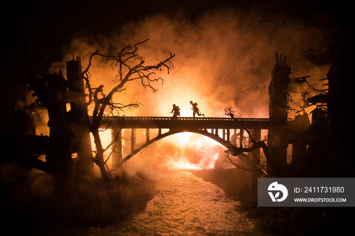 War Concept. Military silhouettes fighting scene on war fog sky background, World War Soldiers Silhouette Below Cloudy Skyline At night. Battle in ruined city. Selective focus