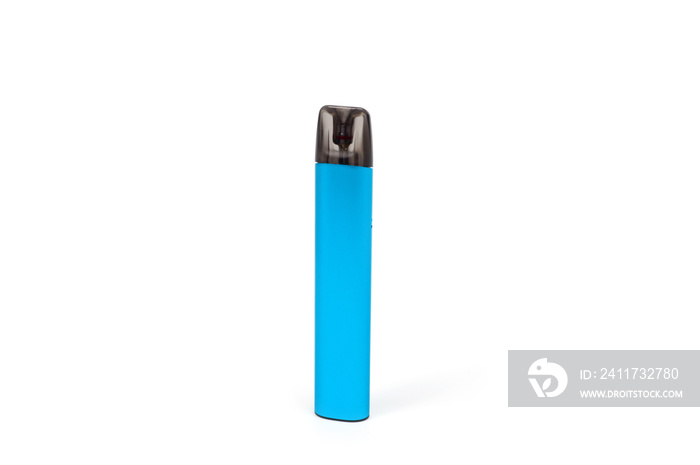 A reusable electronic cigarette with a replaceable cartridge in a blue body, photographed against a white background.