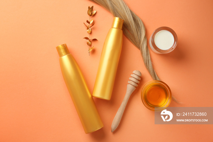 Flat lay composition with natural cosmetics for hair on color background