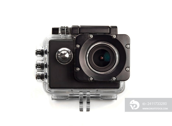 Action camera with case on white background