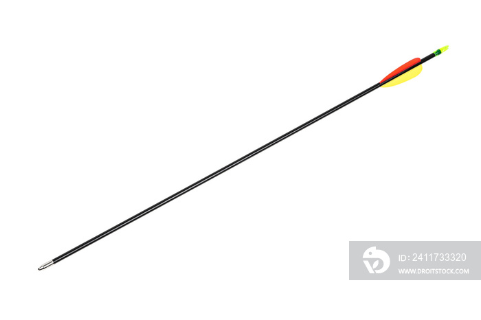 Modern arrow for sport bow isolate on white back. A black arrow with a blunt tip and multicolored plumage.