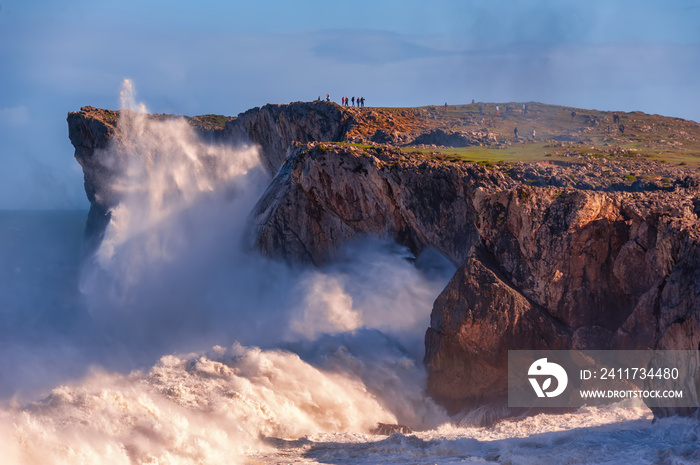 Waves crashing against the cliffs of Bufones de Pria in Llanes, Spain.