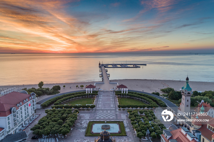 Sunrise in Sopot at the sea aerial view