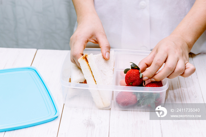 Mother making healthy school lunch box for her children