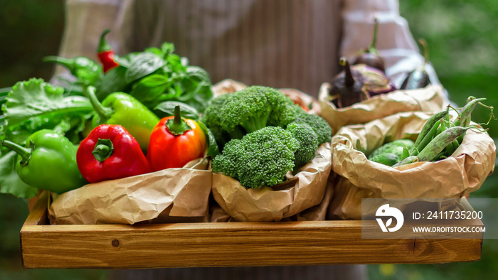 Female farmer carrying raw organic vegetables on big wooden tray