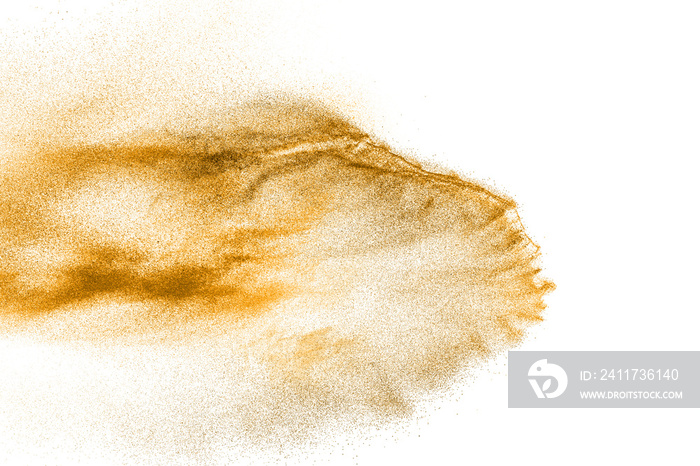 Golden sand explosion isolated on white background. Abstract sand cloud. Gold sand splash against on clear background. Sandy fly wave in the air.