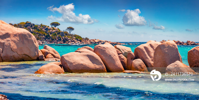 Beautiful marine scenery. Panoramic summer view of Santa Giulia beach. Attractive morning scene of Corsica island, France, Europe. Wonderful Mediterranean seascape.