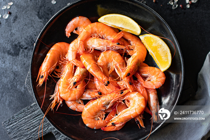 shrimp cooked prawn seafood ready to eat serving on a plate healthy meal snack ingredient top view copy space for text food background rustic diet pescetarian