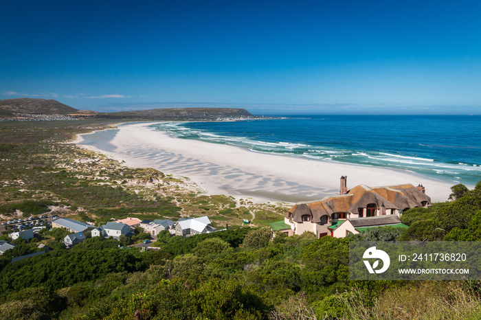 Panorama view of Noordhoek Long Beach near Cape Town, South Africa.