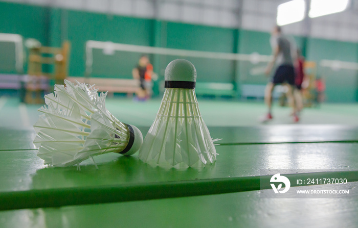 Shuttlecock on a chair in a badminton court, soft focus shot