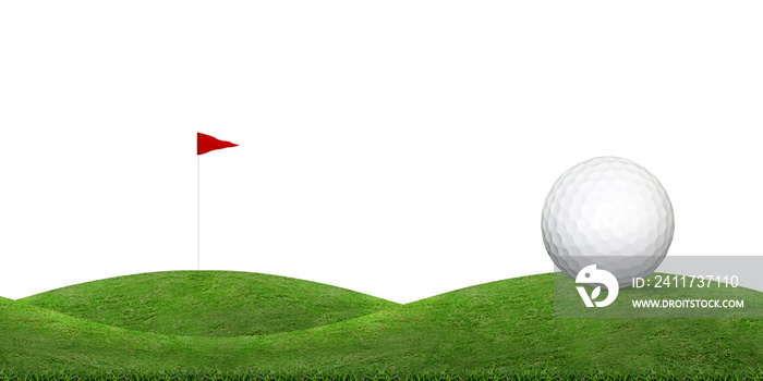 Golf ball on green grass hill of golf course isolated on white.