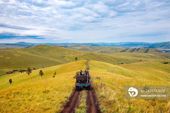 Car ATV tour mountains of Russia Altay travel to national parks safari trip or savannah