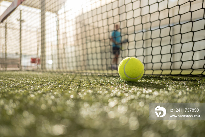 Paddle tennis ball with blurred player in background