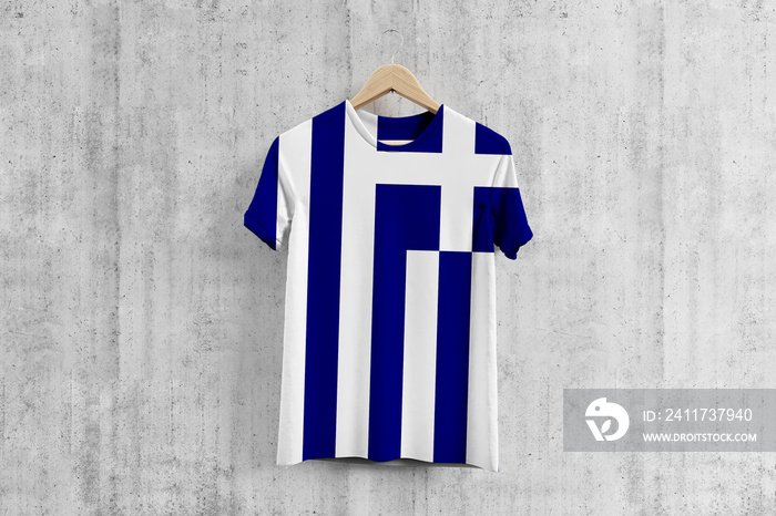 Greece flag T-shirt on hanger, Greek team uniform design idea for garment production. National wear.