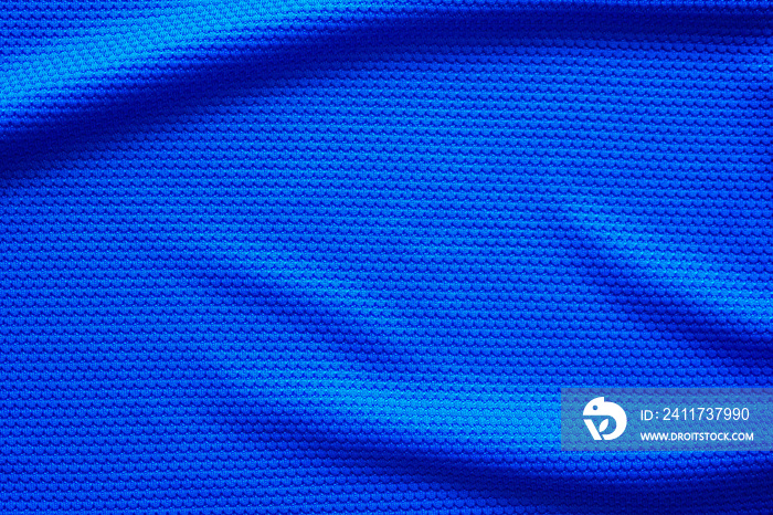 Blue football jersey clothing fabric texture sports wear background, close up top view