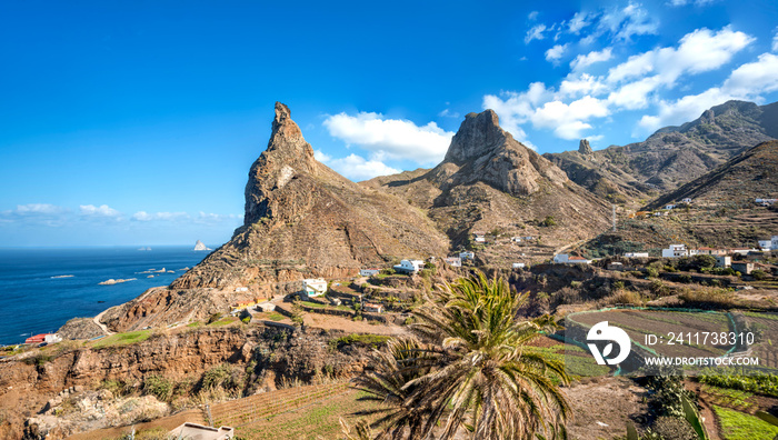 Rocks near Taganana village at Anaga Country Park on Tenerife, Spain. Copy space in sky.