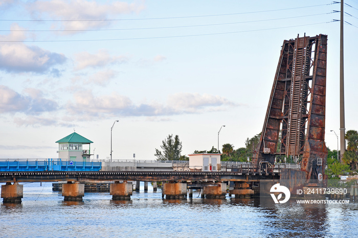 Old railway track bridge in up position over the St Lucie River in Stuart, Florida