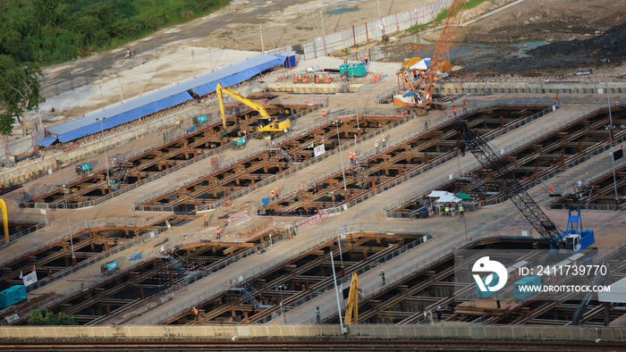 infrastructure construction siteline, Laborers working on modern constraction site