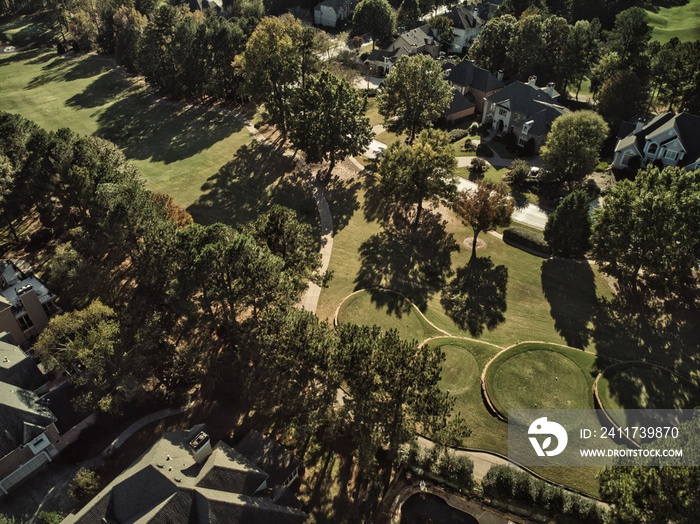 Panoramic view of a Golf course in an upscale suburbs of Atlanta, GA taken by a drone