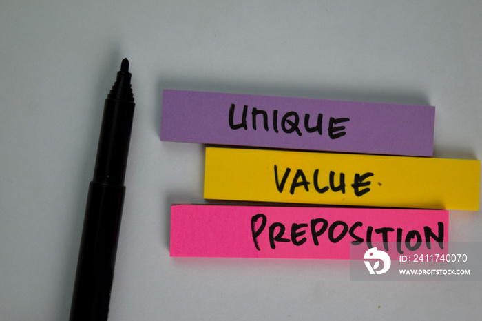 Unique Value Proposition - UVP text on sticky notes isolated on office desk