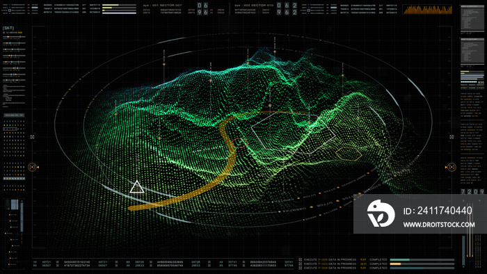 Futuristic military concept for head up display with holographic terrain, user interface readout, targeting and tracking enemy in digital cyber space background