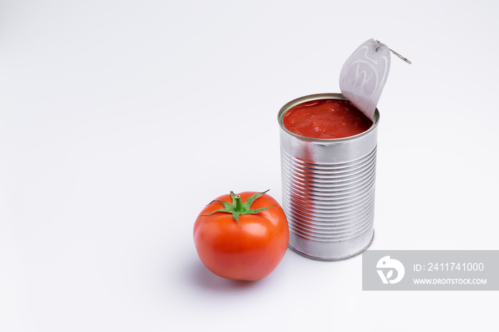 Tin of chopped canned tomatoes with whole fresh tomatoes, isolated on white background, soft light