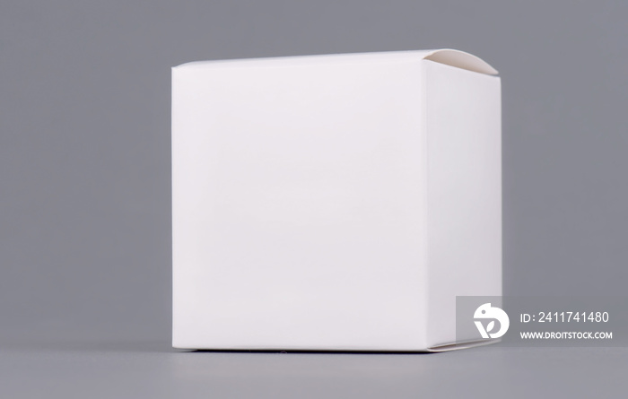 Square white carton product box mock up, side view, clipping path. Clean white cardboard blank mock up. Simple closed package template isolated. Store product pack.