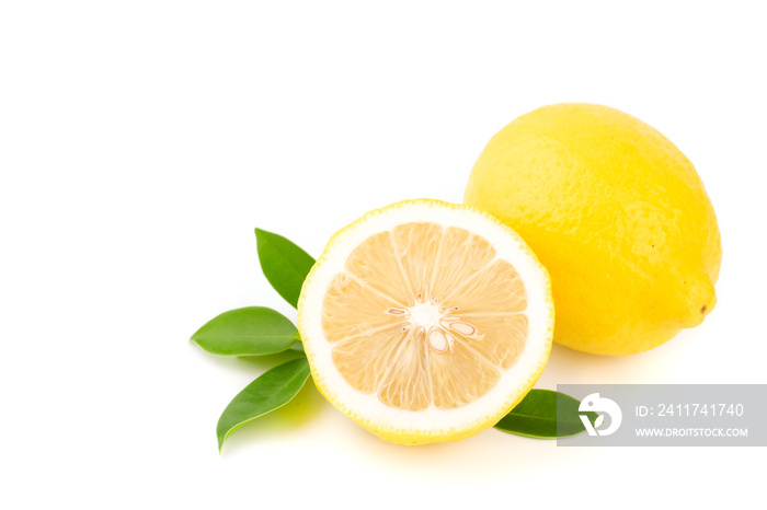 Yellow Lemon citrus half slices with leaf isolated on white background