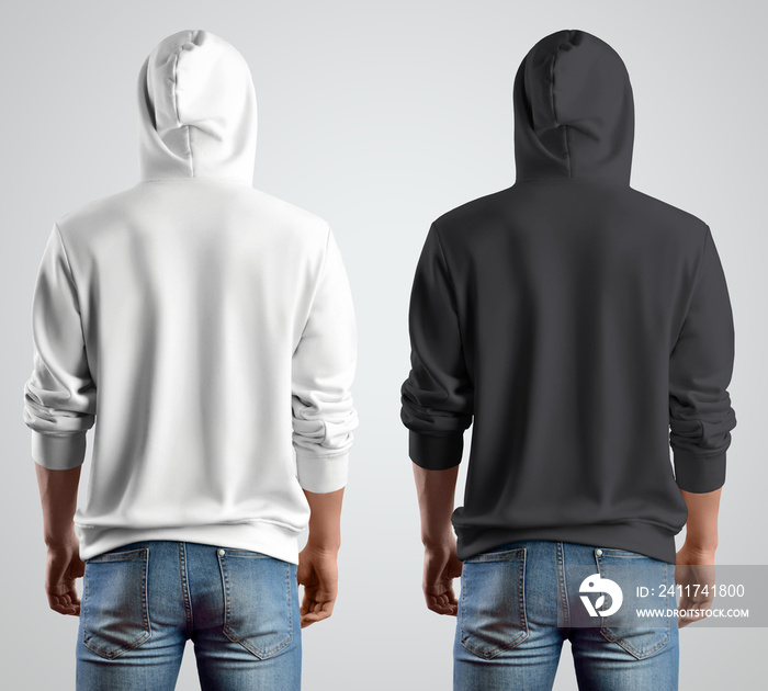 Template of white and black mockup hoodies on a young guy, rear view.